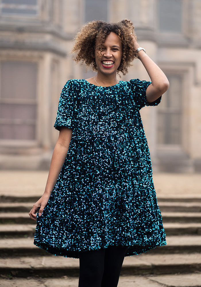 Eighth angle of Chislaine Teal Sequin Tiered Hem Dress