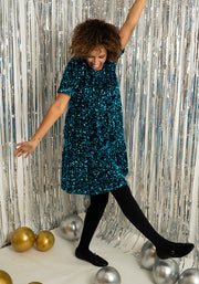 Chislaine Teal Sequin Tiered Hem Dress