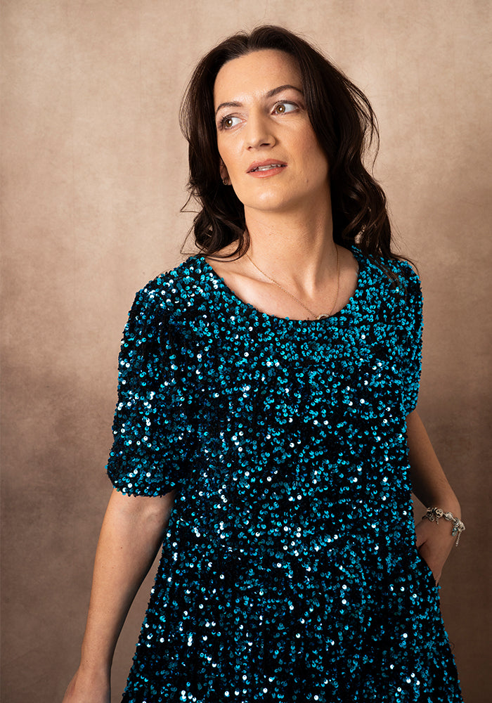 Fifth angle of Chislaine Teal Sequin Tiered Hem Dress