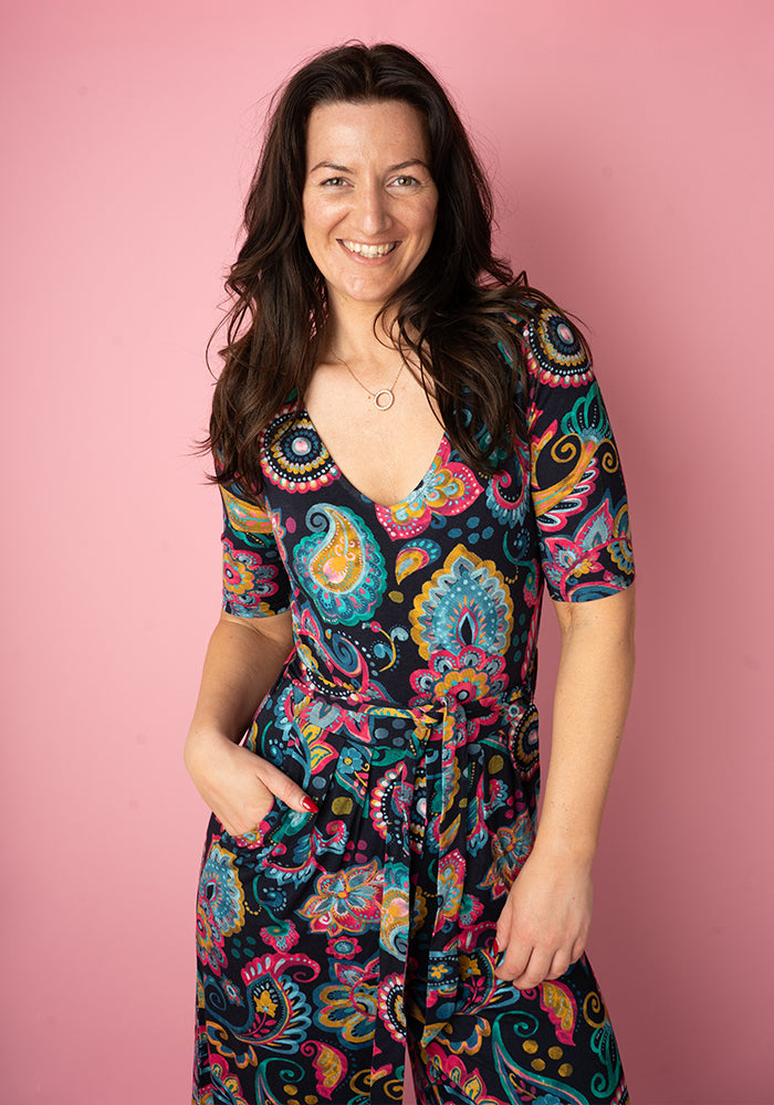 Fourth angle of Chloe Painted Paisley Print Viscose Culotte Leg Jumpsuit