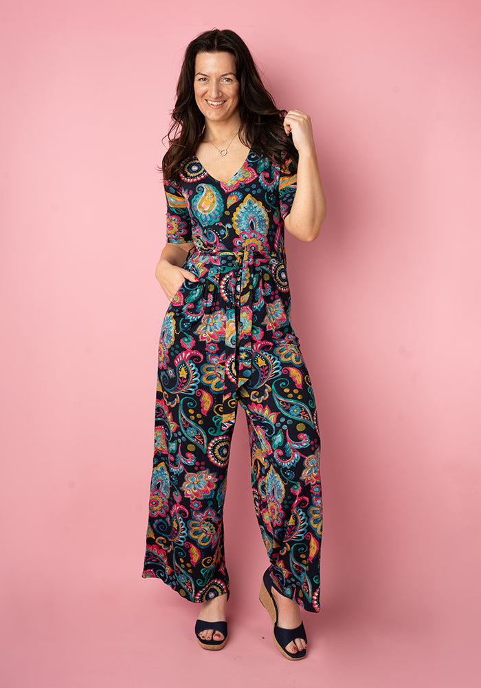 Front view of Chloe Painted Paisley Print Viscose Culotte Leg Jumpsuit