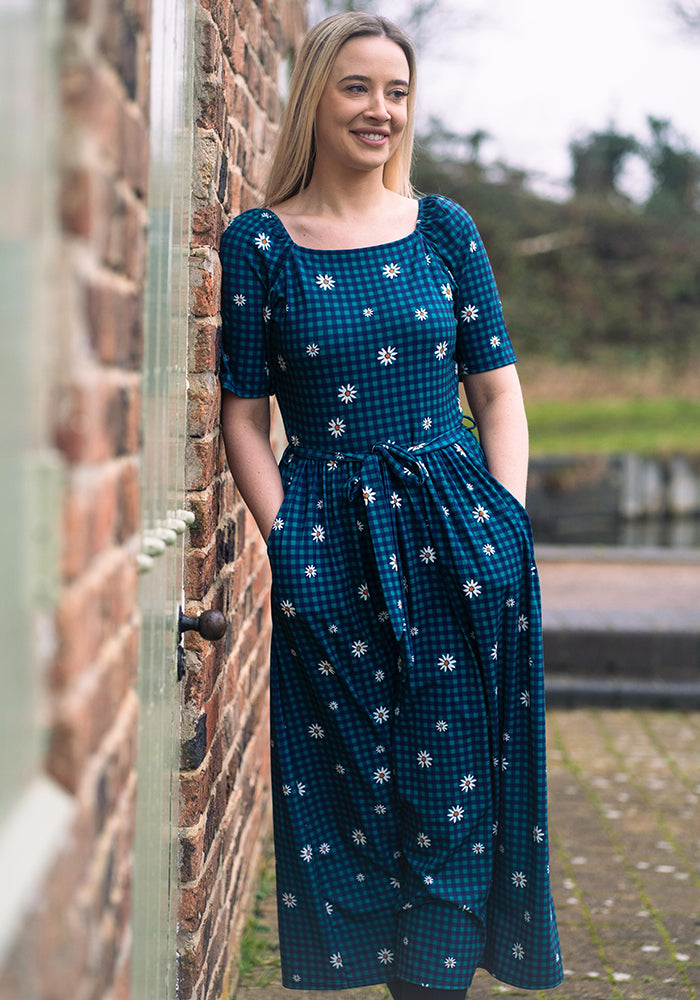 Third angle of Chloebelle Gingham Check Daisy Print Jersey Midaxi Dress