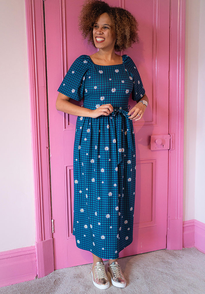 Sixth angle of Chloebelle Gingham Check Daisy Print Jersey Midaxi Dress
