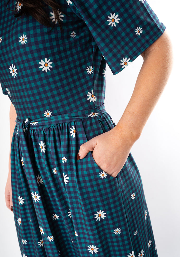 Ninth angle of Chloebelle Gingham Check Daisy Print Jersey Midaxi Dress