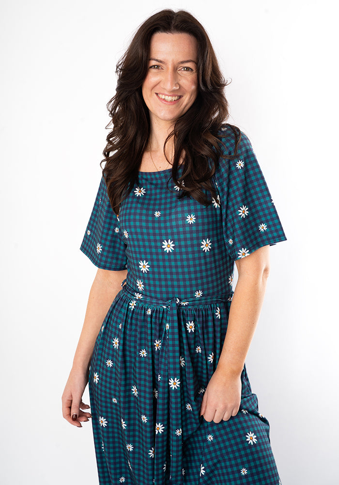 Eighth angle of Chloebelle Gingham Check Daisy Print Jersey Midaxi Dress