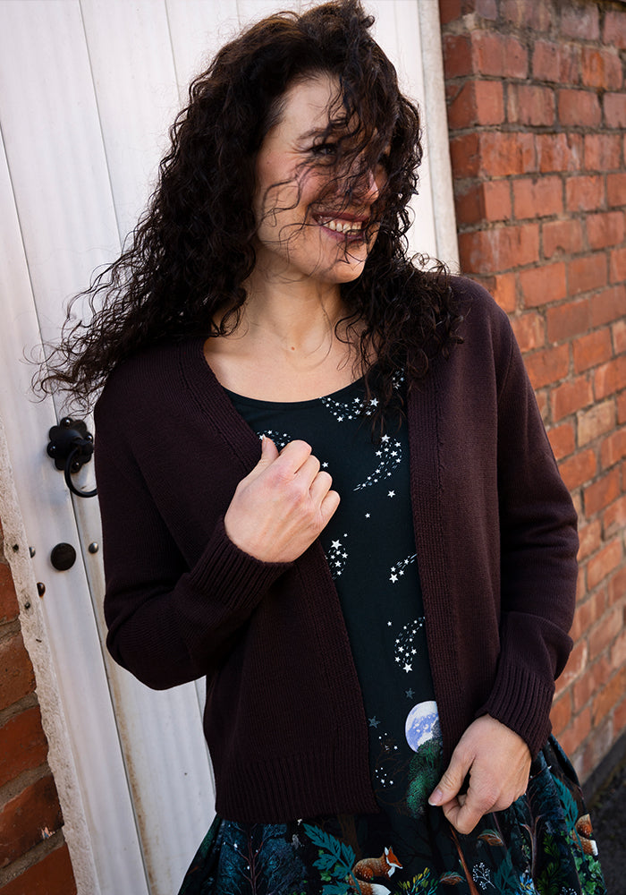 Sixth angle of Chocolate Brown Ribbed Cuffed Cardigan