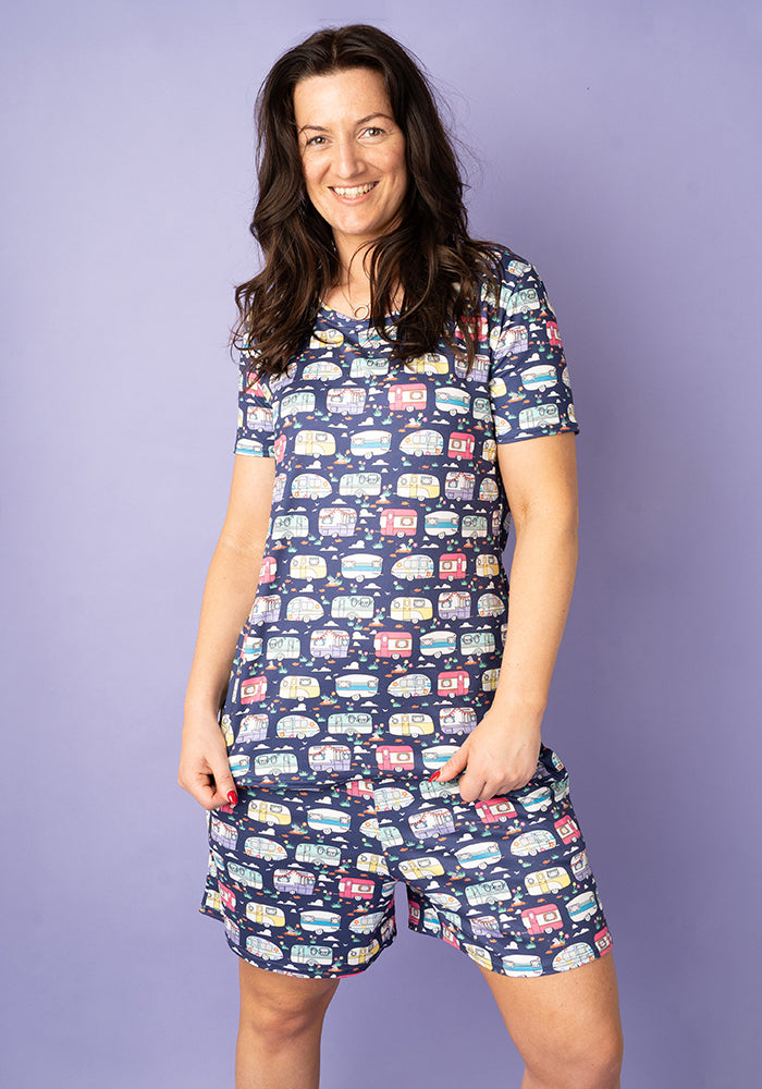 Front view of Chrissy Vintage Caravan Print Pyjama Set