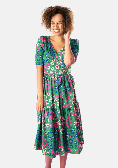 Christina Green Animal Print Tiered Hem Midi Dress