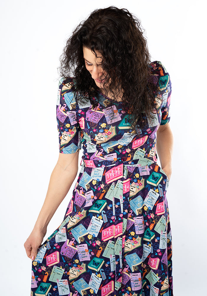Fifth angle of Christine Library Books Print Cotton Midi Dress