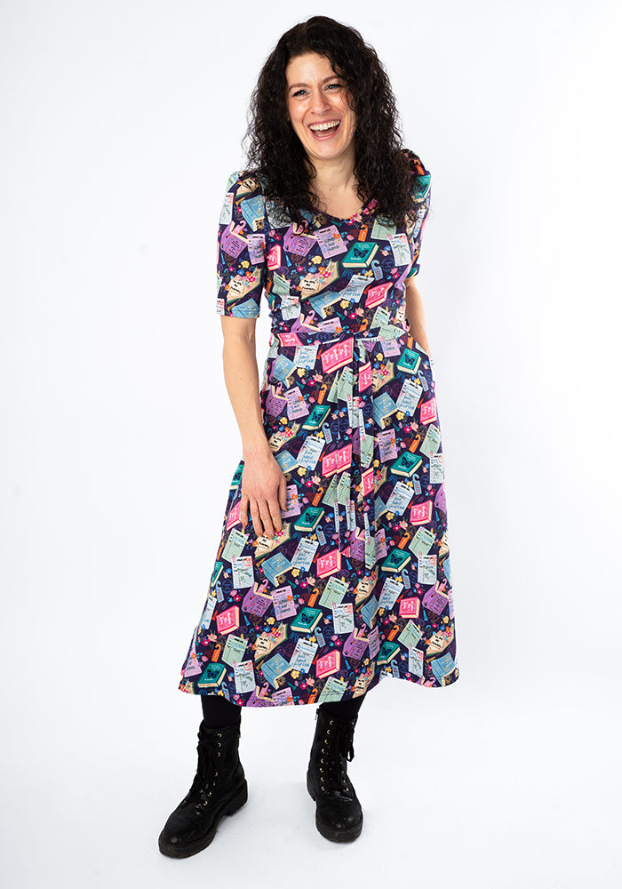Third angle of Christine Library Books Print Cotton Midi Dress