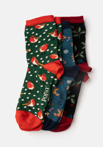 3 Pack Holly, Gingerbread & Robin Knit Socks