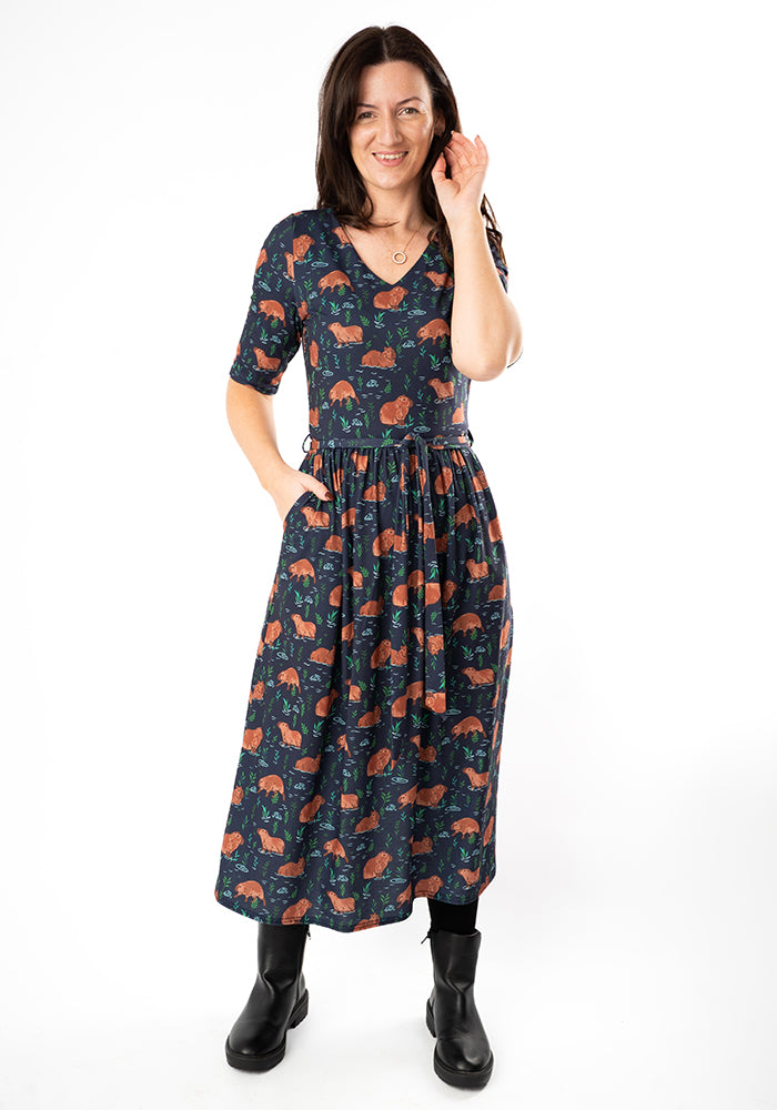 Third angle of Cicely Capybara Print Jersey Midi Dress