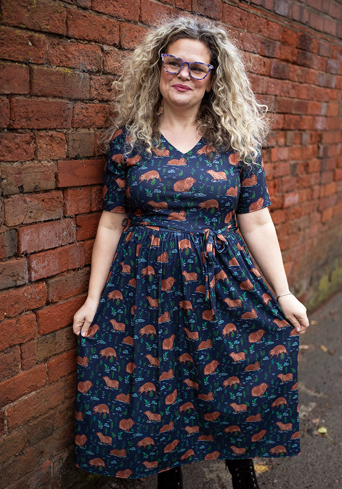 Front view of Cicely Capybara Print Jersey Midi Dress