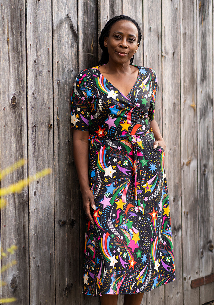 Front view of Cindie Shooting Stars Print Midi Dress