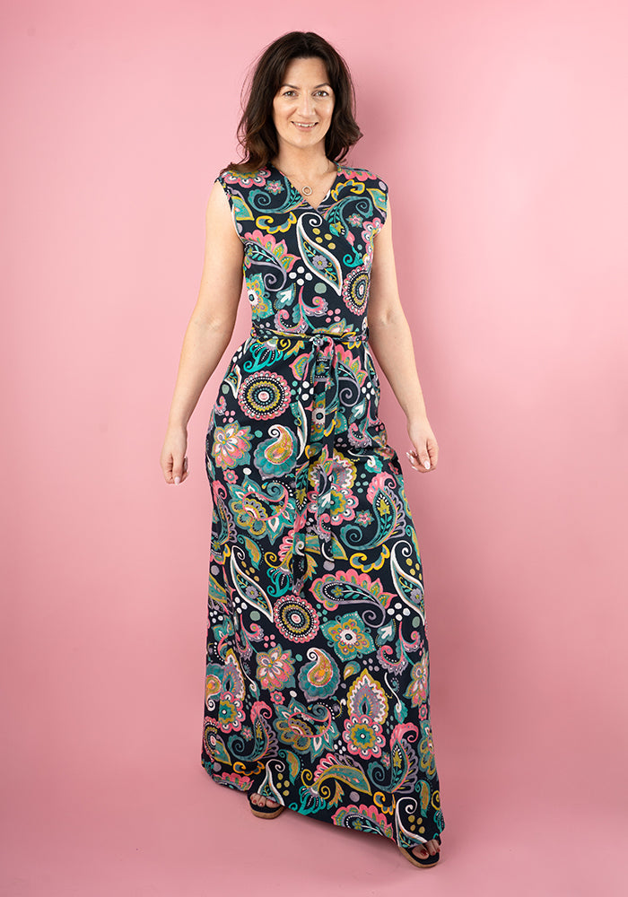Front view of Ciprianna Painted Paisley Print Cotton Maxi Dress