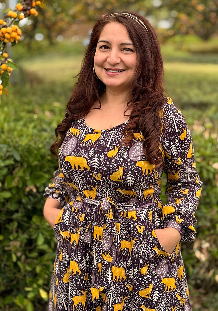 Clarra Burgundy Nocturnal Garden Print Cotton Dress