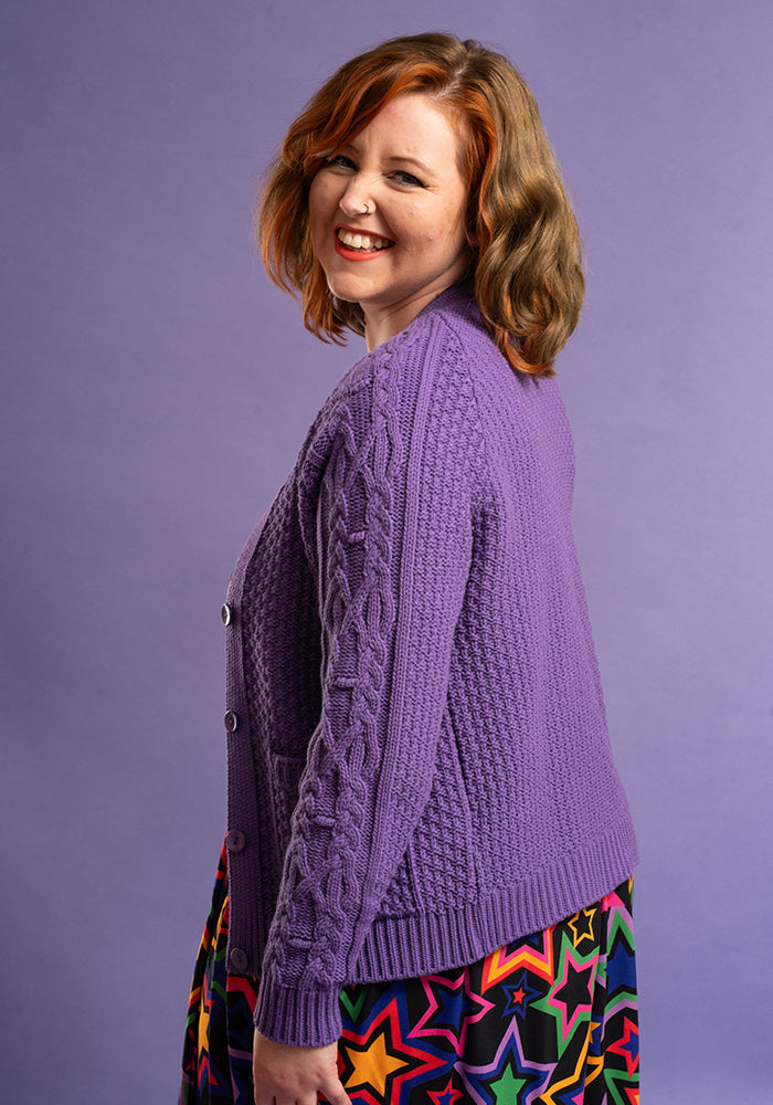 Third angle of Clematis Purple Moss Stitch Cardigan