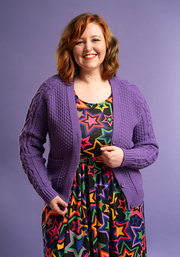 Front view of Clematis Purple Moss Stitch Cardigan