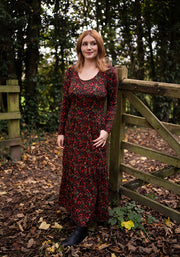 Clemency Orange Ditsy Floral Print Cotton Tiered Hem Midaxi Dress
