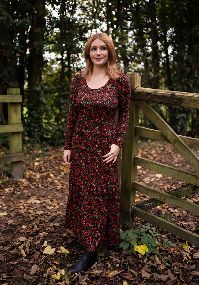 Clemency Orange Ditsy Floral Print Cotton Tiered Hem Midaxi Dress