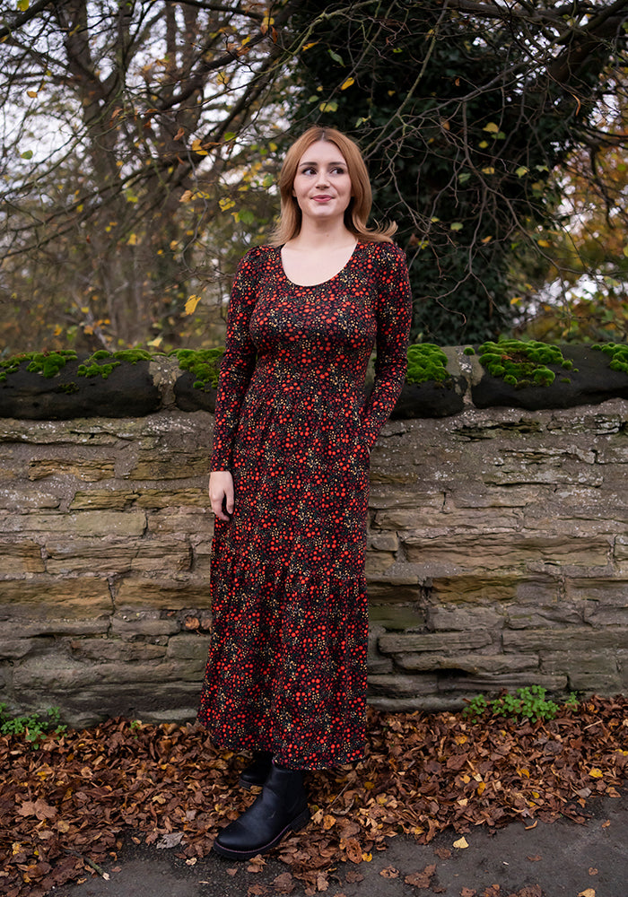 Clemency Orange Ditsy Floral Print Cotton Tiered Hem Midaxi Dress