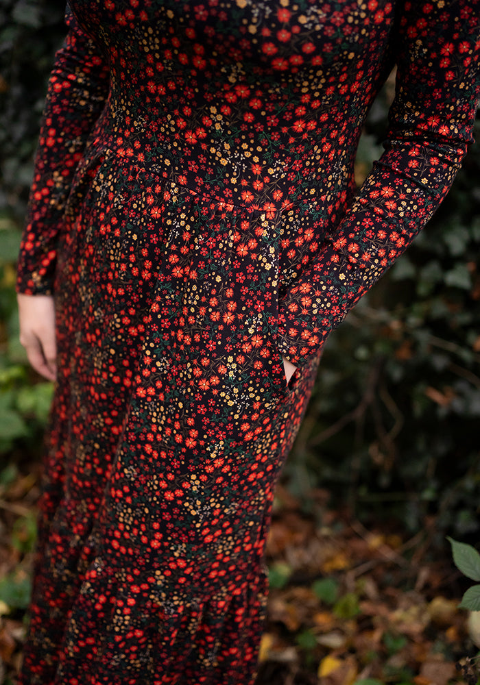 Clemency Orange Ditsy Floral Print Cotton Tiered Hem Midaxi Dress