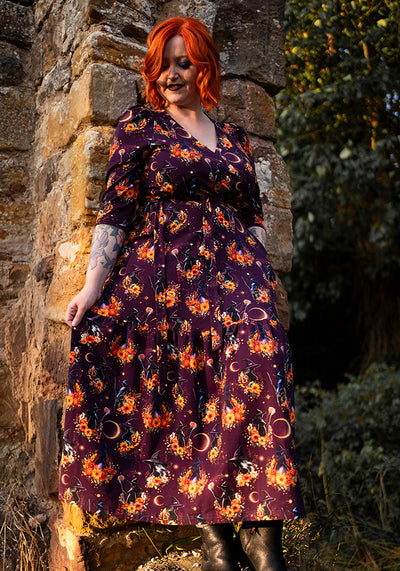 Clorinda Witches Print Cotton Tiered Hem Midaxi Dress