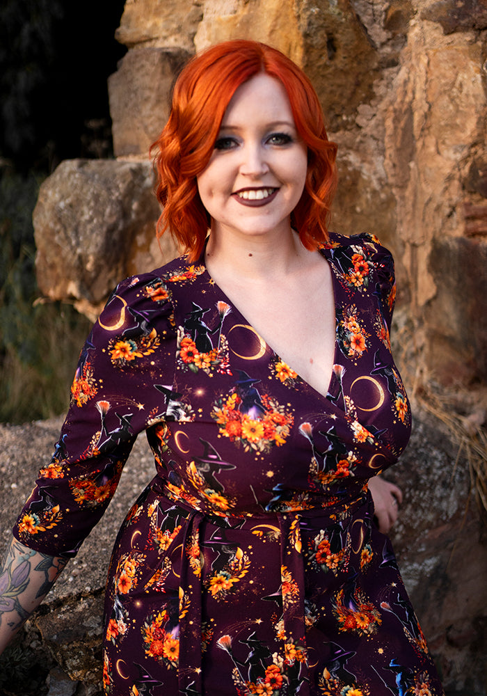 Clorinda Witches Print Cotton Tiered Hem Midaxi Dress