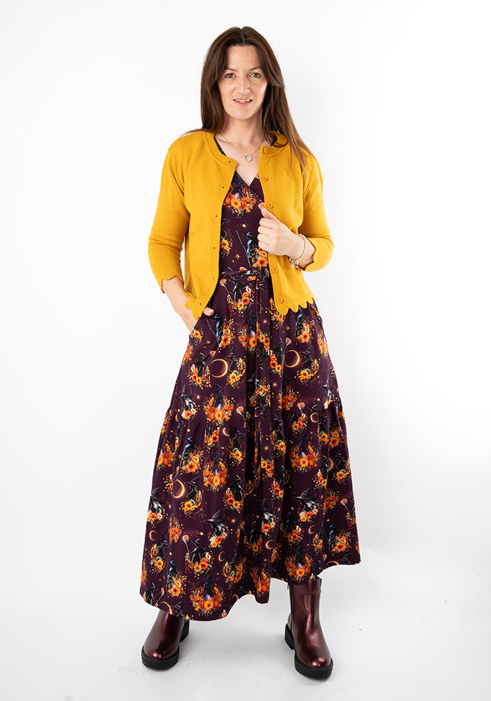 Clorinda Witches Print Cotton Tiered Hem Midaxi Dress