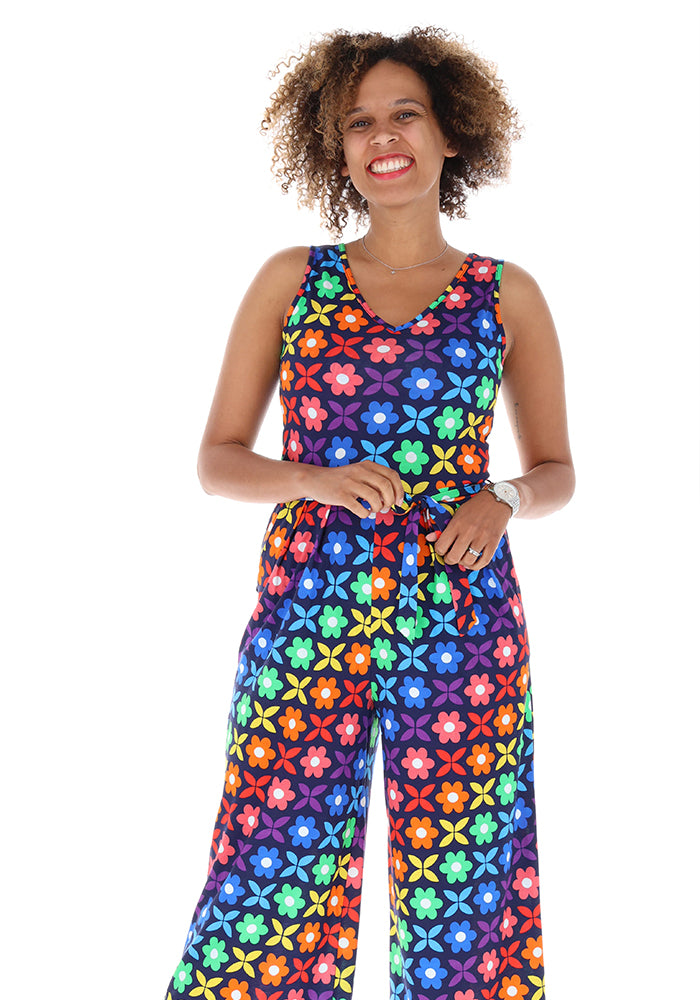 Fourth angle of Cocco Retro Rainbow Floral Print Cotton Culotte Jumpsuit
