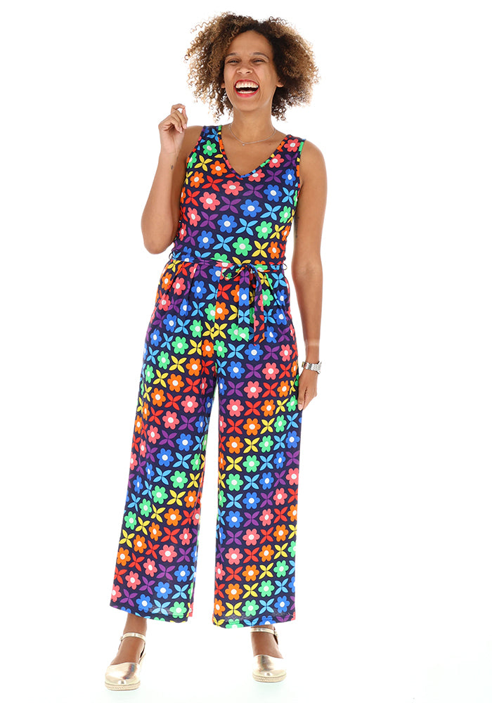 Third angle of Cocco Retro Rainbow Floral Print Cotton Culotte Jumpsuit
