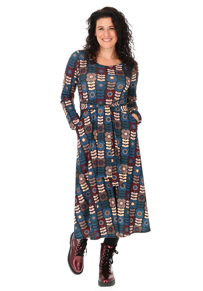 Coe Retro Flower Print A-Line Skirt Midi Dress