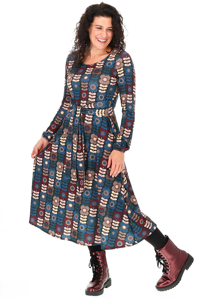 Coe Retro Flower Print A-Line Skirt Midi Dress