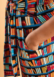 Connie Bookshelf Print Cotton Tie Waist Dress
