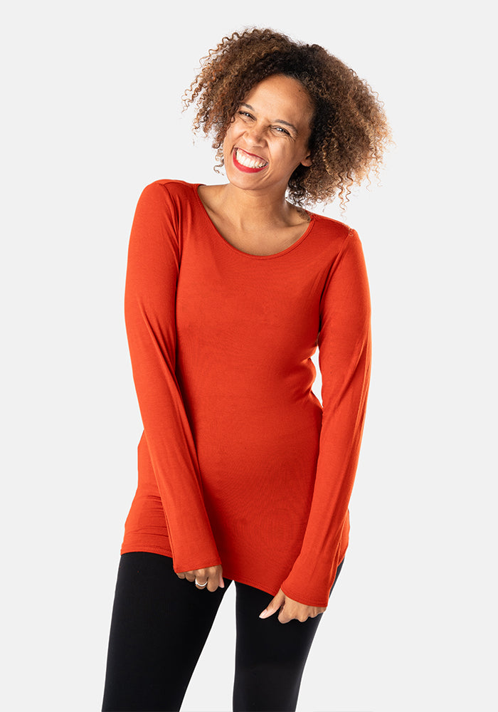 Front view of Copper Long Sleeve Round Neck Top