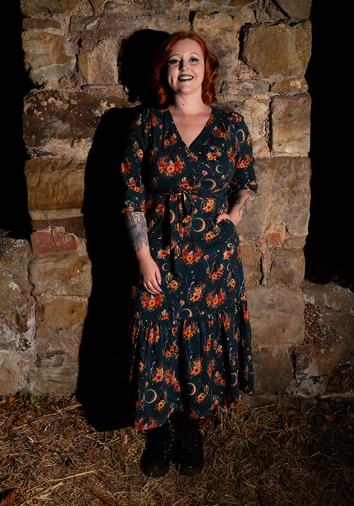 Coraline Witches Print Tiered Hem Cotton Midaxi Dress