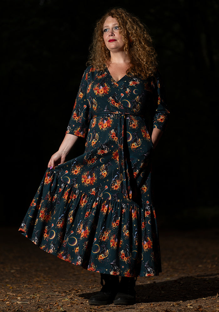 Coraline Witches Print Tiered Hem Cotton Midaxi Dress