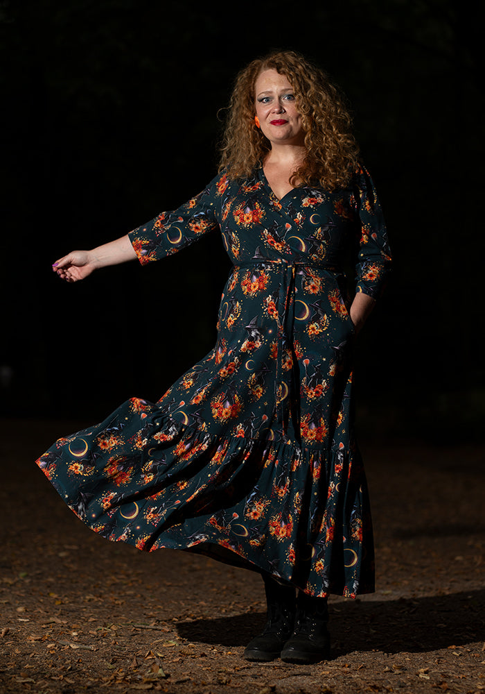 Coraline Witches Print Tiered Hem Cotton Midaxi Dress