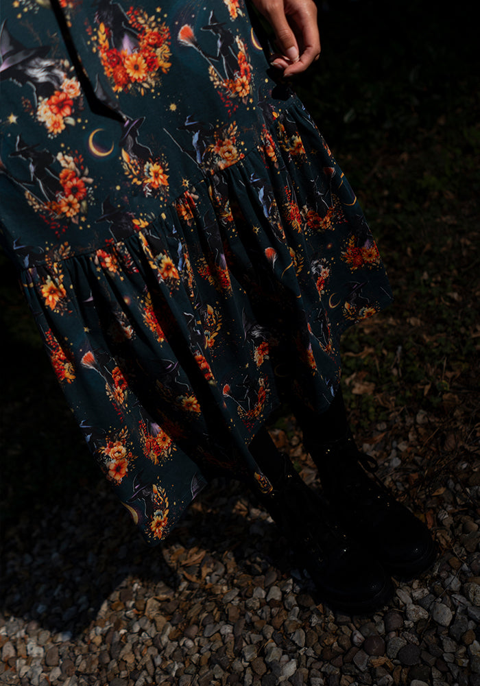 Coraline Witches Print Tiered Hem Cotton Midaxi Dress