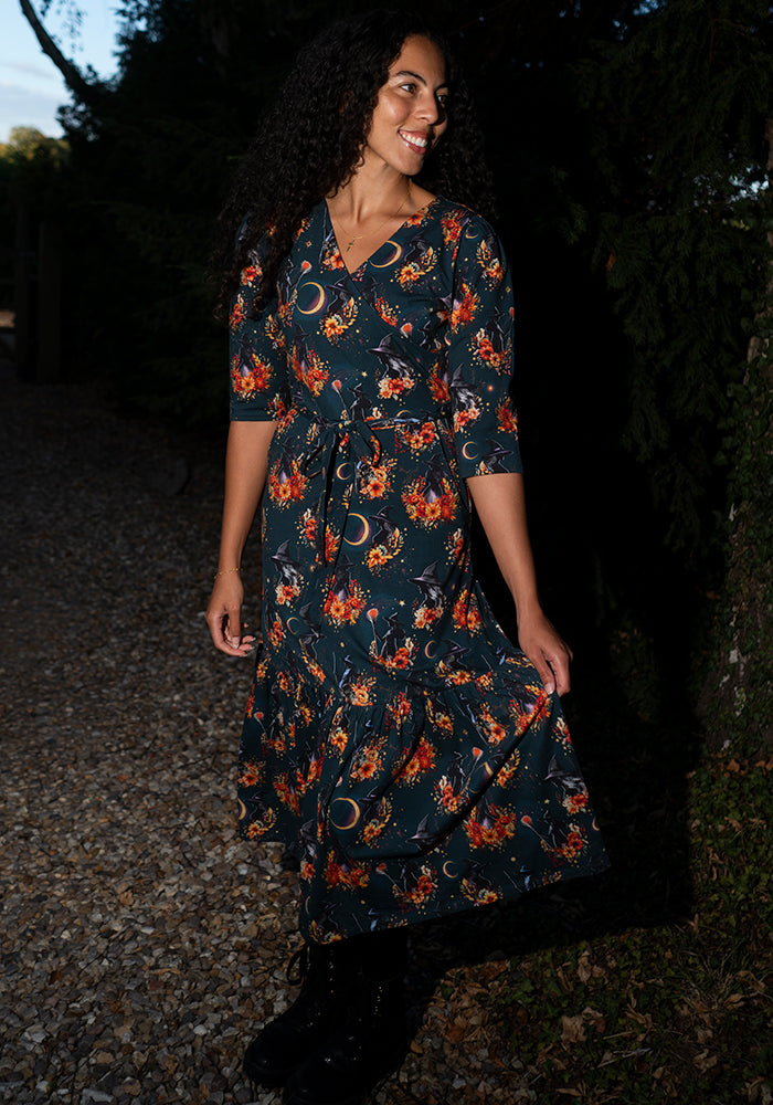 Coraline Witches Print Tiered Hem Cotton Midaxi Dress