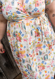 Coriene Mediterranean Village Print Midi Dress