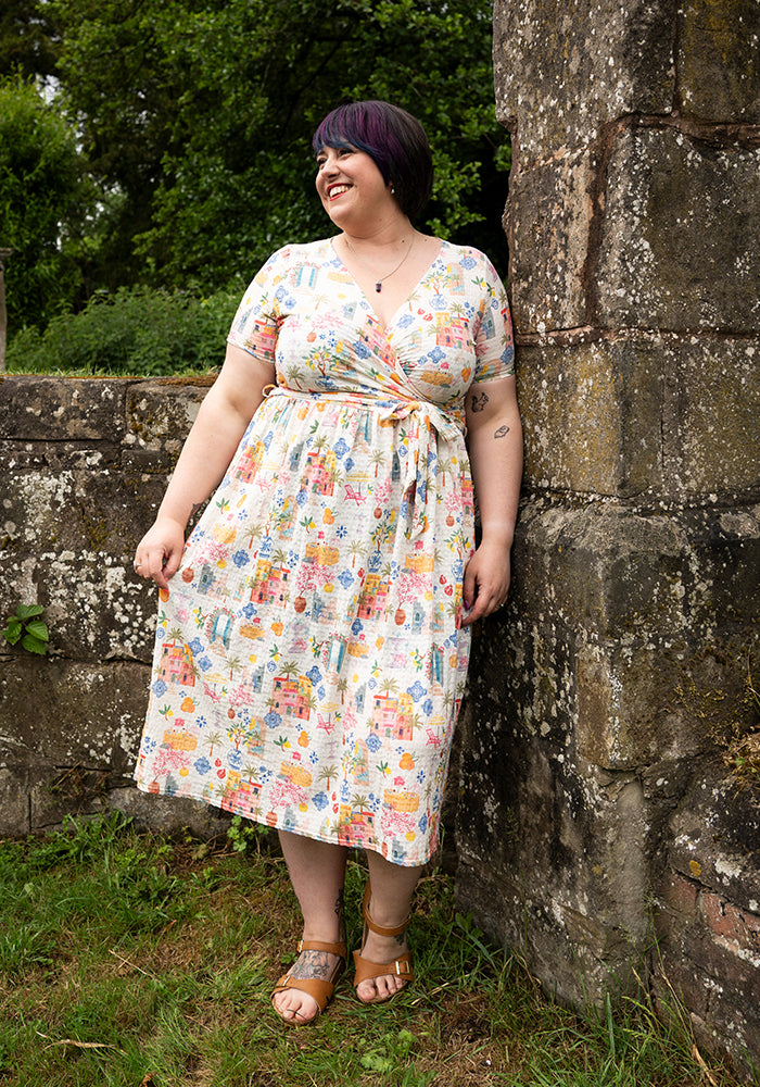 Coriene Mediterranean Village Print Midi Dress