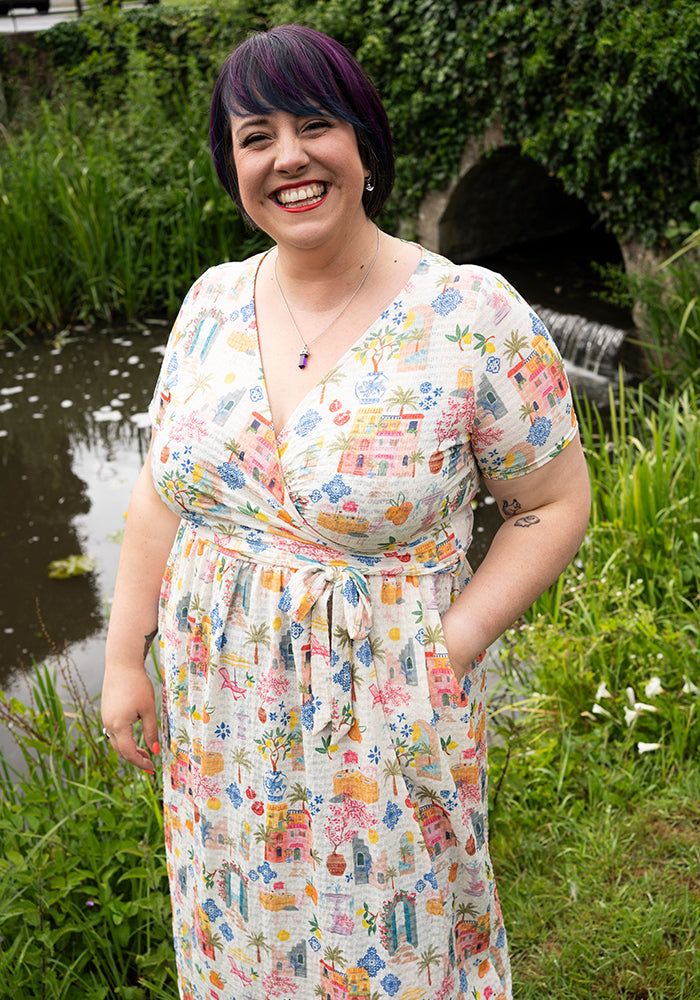Coriene Mediterranean Village Print Midi Dress
