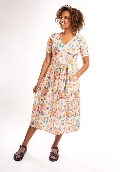Coriene Mediterranean Village Print Midi Dress