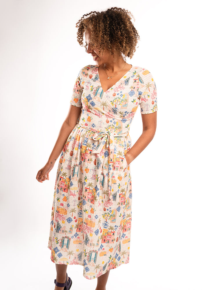 Coriene Mediterranean Village Print Midi Dress