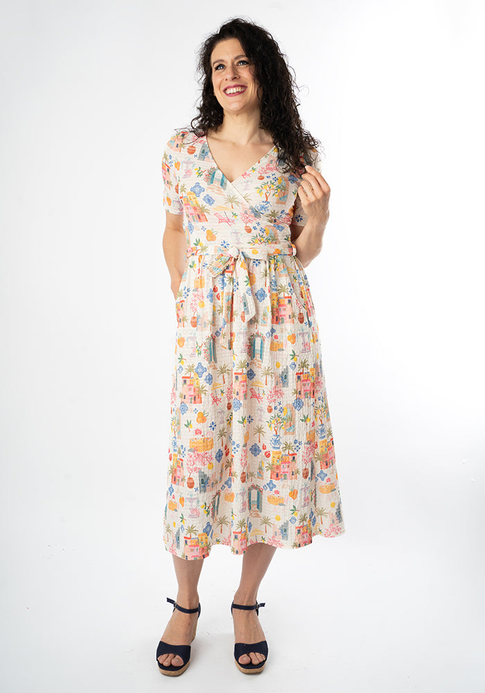 Coriene Mediterranean Village Print Midi Dress