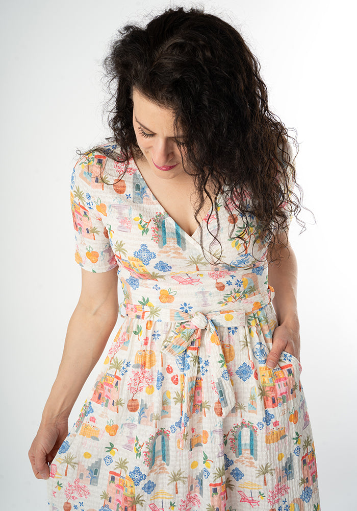 Coriene Mediterranean Village Print Midi Dress