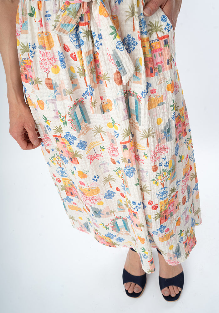 Coriene Mediterranean Village Print Midi Dress