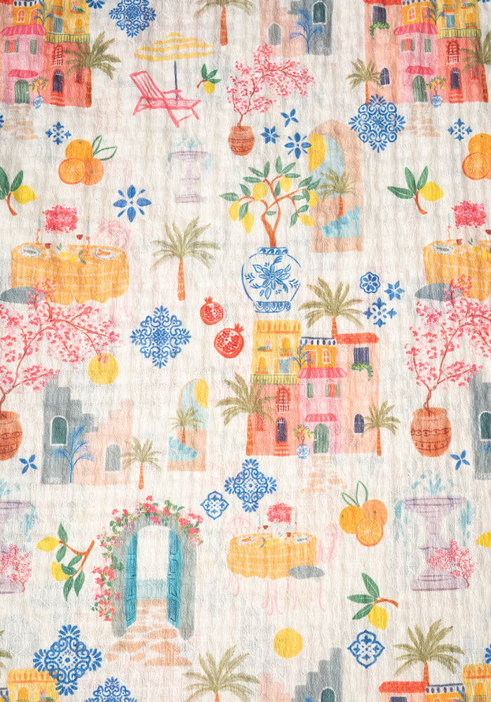 Coriene Mediterranean Village Print Midi Dress