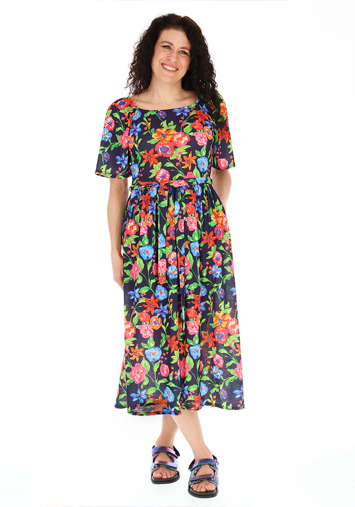 Front view of Cosette Painted Floral Print Midi Dress